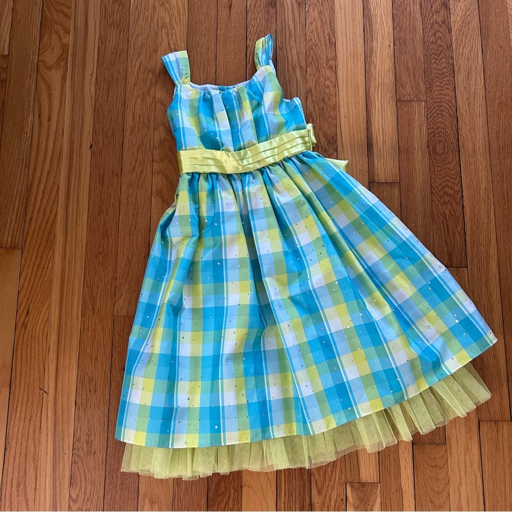 Plaid Blue and Yellow Dress with Tulle Dollie & Me size 7 Aqua party dress